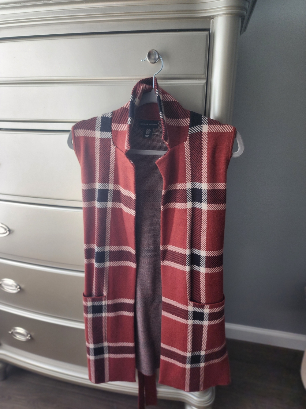 Adrienne Vittadini Rust Plaid Sleeveless Open-Front Vest